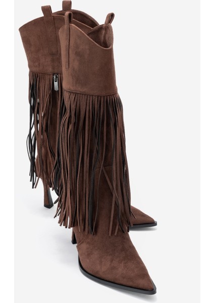 Gueras Kahverengi Süet Püsküllü Sivri Burun Kadın Topuklu Çizme