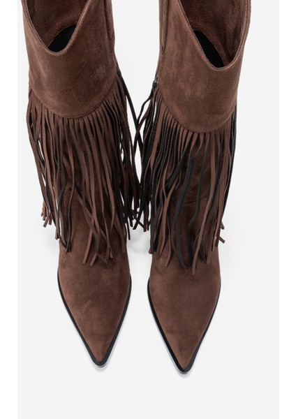 Gueras Kahverengi Süet Püsküllü Sivri Burun Kadın Topuklu Çizme fiyatları