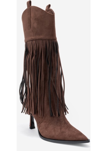 Gueras Kahverengi Süet Püsküllü Sivri Burun Kadın Topuklu Çizme modelleri