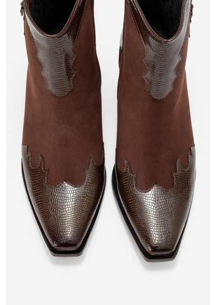 Loel Kahverengi Süet Kahverengi Desenli Kadın Kalın Topuklu Western Bot fiyatları