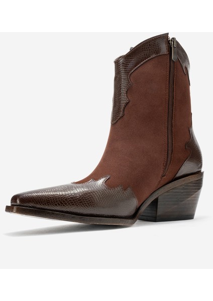 Loel Kahverengi Süet Kahverengi Desenli Kadın Kalın Topuklu Western Bot fırsatları