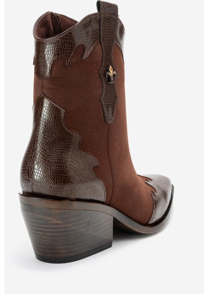 Loel Kahverengi Süet Kahverengi Desenli Kadın Kalın Topuklu Western Bot indirimleri