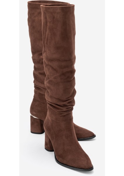 120 Kahverengi Süet Körüklü Kadın Kalın Topuklu Çizme