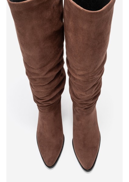 120 Kahverengi Süet Körüklü Kadın Kalın Topuklu Çizme fiyatları
