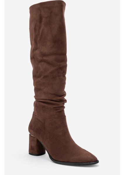 120 Kahverengi Süet Körüklü Kadın Kalın Topuklu Çizme modelleri