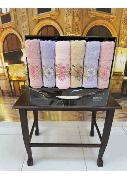 %100 Pamuklu Jakarlı 3D Nakışlı 6 Renk Çeyizlik Lüx El ve Yüz Havlusu Kutulu Set