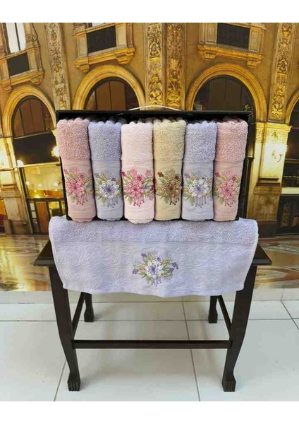 %100 Pamuklu Jakarlı 3D Nakışlı 6 Renk Çeyizlik Lüx El ve Yüz Havlusu Kutulu Set modelleri