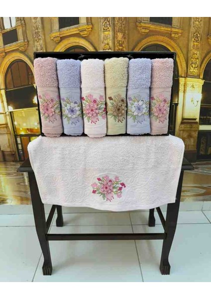 %100 Pamuklu Jakarlı 3D Nakışlı 6 Renk Çeyizlik Lüx El ve Yüz Havlusu Kutulu Set fırsatları