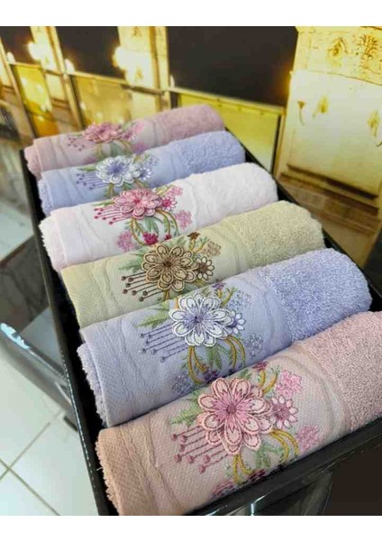 %100 Pamuklu Jakarlı 3D Nakışlı 6 Renk Çeyizlik Lüx El ve Yüz Havlusu Kutulu Set indirimleri