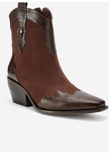 Loel Kahverengi Süet Kahverengi Desenli Kadın Kalın Topuklu Western Bot modelleri