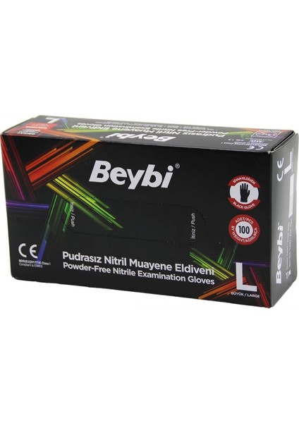 Beybi L Siyah Pudrasız Nitril Muayene Eldiveni 100LÜ (4887)