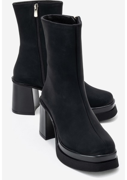 Valen Siyah Nubuk Kadın Platform Topuklu Bot
