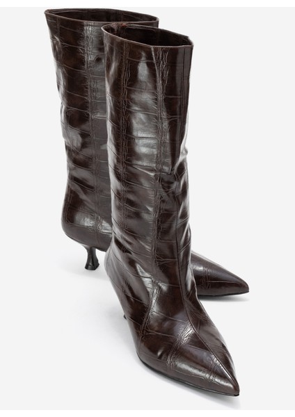 Crow Kahverengi Baskı Sivri Burunlu Kadın Topuklu Kısa Çizme