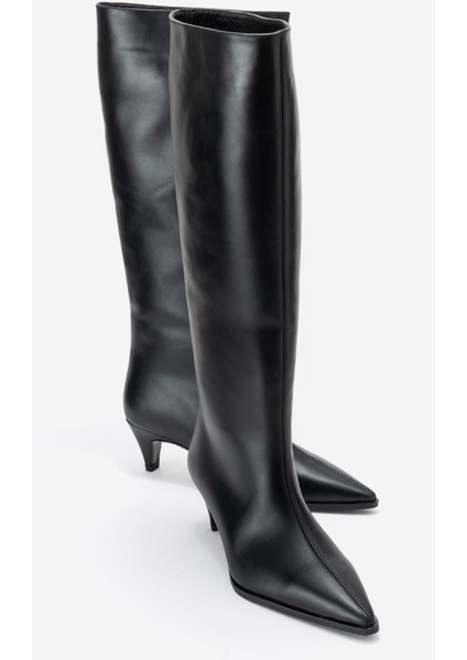 Sıora Siyah Cilt Hakiki Deri Kadın Kısa Topuklu Çizme