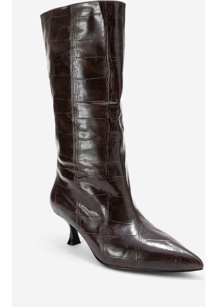 Crow Kahverengi Baskı Sivri Burunlu Kadın Topuklu Kısa Çizme modelleri