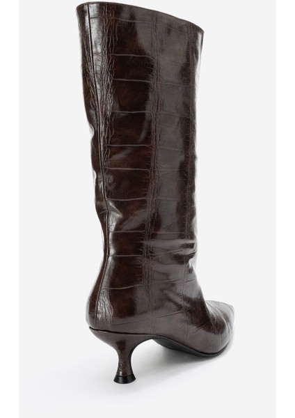 Crow Kahverengi Baskı Sivri Burunlu Kadın Topuklu Kısa Çizme indirimleri