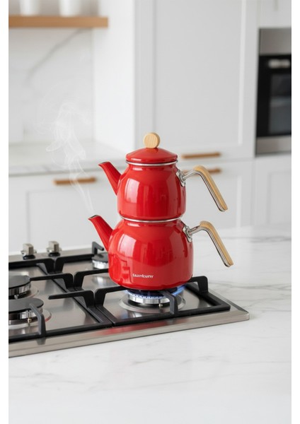 Sultan - Bambu Kulplu Emaye Çaydanlık Takımı Kırmızı