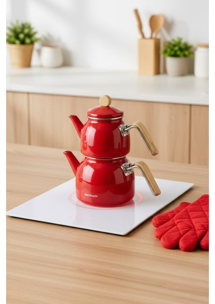 Sultan - Bambu Kulplu Emaye Çaydanlık Takımı Kırmızı fiyatları