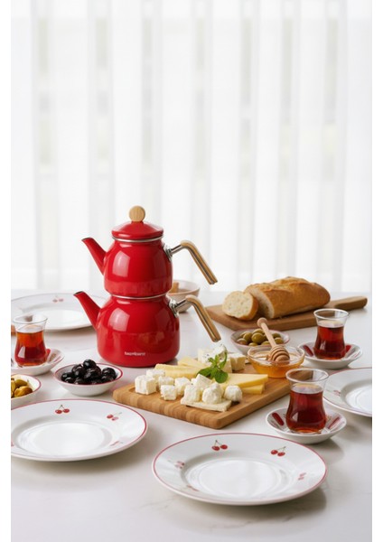 Sultan - Bambu Kulplu Emaye Çaydanlık Takımı Kırmızı modelleri