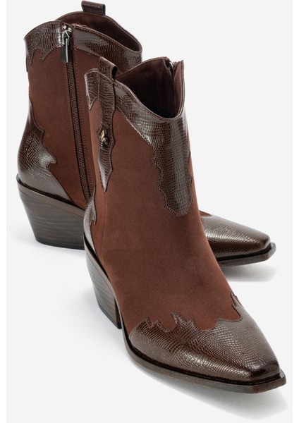 Loel Kahverengi Süet Kahverengi Desenli Kadın Kalın Topuklu Western Bot
