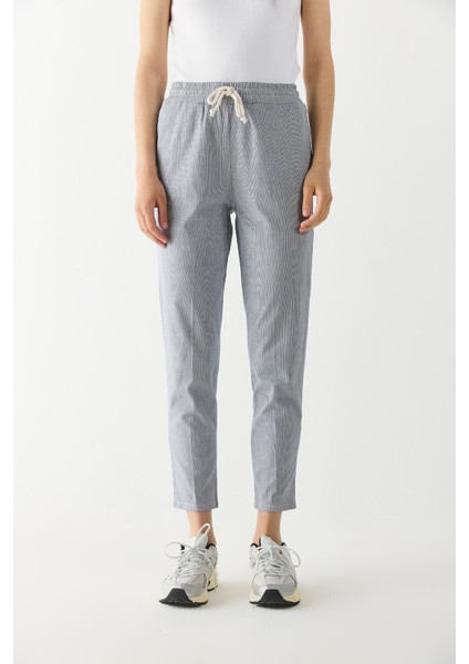 Alian Beli Lastikli Çizgili Gabardin Pantolon-Lacivert Çizgili fiyatları