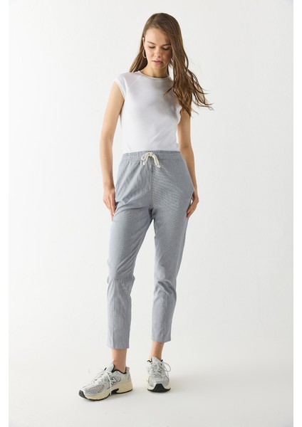 Alian Beli Lastikli Çizgili Gabardin Pantolon-Lacivert Çizgili indirimleri