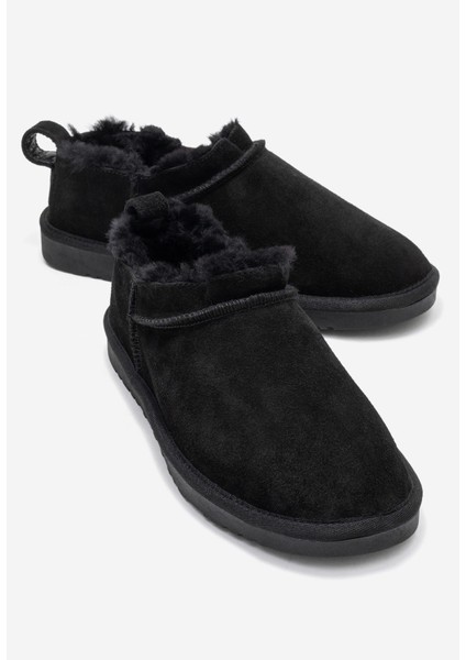 Novelle Siyah Süet Hakiki Deri Kürklü Kadın Bilekte Bot