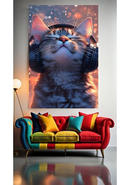 Müzik Sever Kedi 1 Ev Duvar Salon Güzellik Salonu Ofis Dükkan Dekarasyon Kanvas Tablo