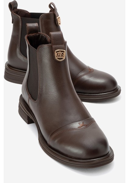 Sıdney Kahverengi Cilt Hakiki Deri Tokalı Lastikli Kadın Chelsea Bot