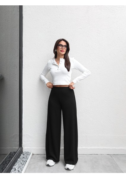 Yan Pile Detaylı Geniş Paça Pantolon