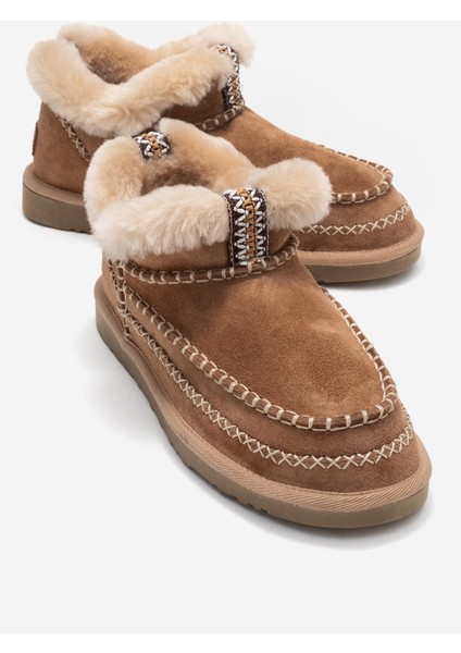 Darel Toprak Süet Hakiki Deri Dikişli Kürklü Kadın Kısa Bot