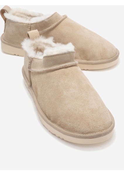 Novelle Bej Süet Hakiki Deri Kürklü Kadın Bilekte Bot