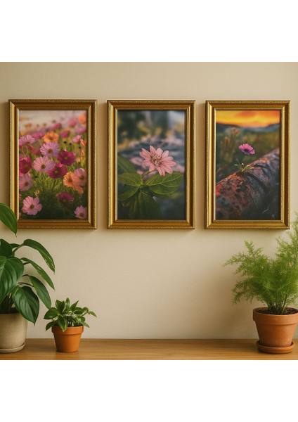 Bloom Harmony – 3’lü Çiçek Temalı Dekoratif Duvar Tablo Seti (Çerçeveli)