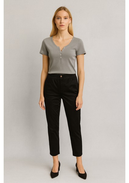 Norah Beli Lastikli Gabardin Pantolon-Siyah