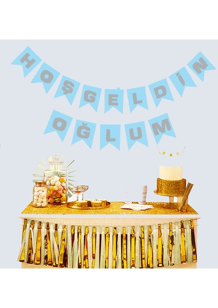 Resveq Hoşgeldin Oğlum Mavi Üzeri Gümüş Yeni Doğan Bebek Doğum Süsü Afiş Bayrak Flama 2.2 Metre