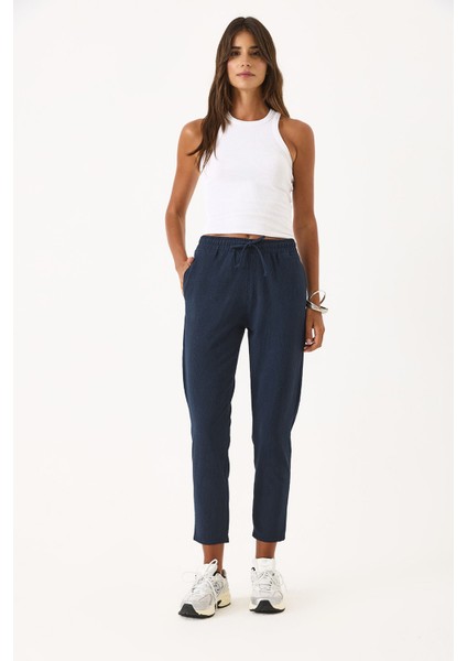 Alian Beli Lastikli Gofre Çizgili Beach Pantolon-Lacivert Çizgili