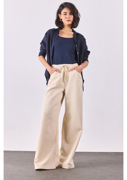 Beli Lastikli Geniş Paça Pantolon(Tencel)(Tm)-Off White