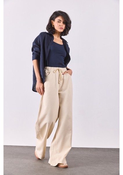 Beli Lastikli Geniş Paça Pantolon(Tencel)(Tm)-Off White fırsatları