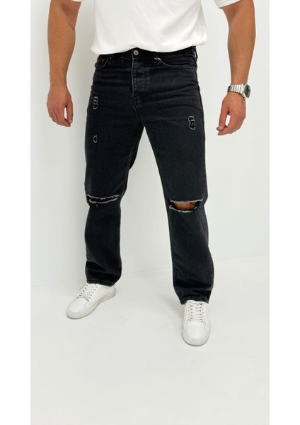 Atlanta Jean Street Yıkamalı Kot Kuzguni Siyah Diz Yırtık Baggy Denim Erkek Pantolon