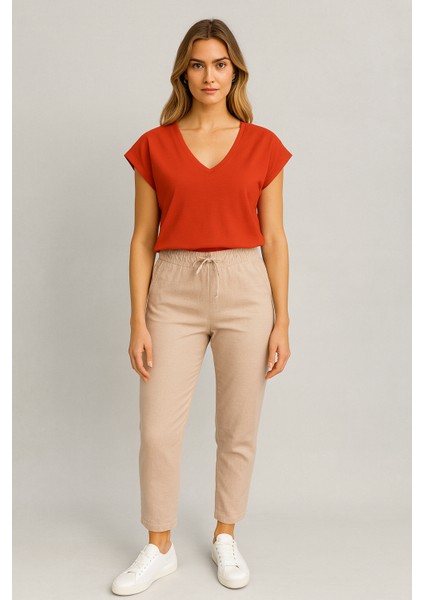 Alian Beli Lastikli Keten Beach Pantolon-Naturel