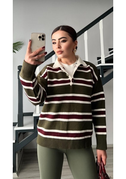 Haki Bordo Polo Yaka Çizgili Kazak