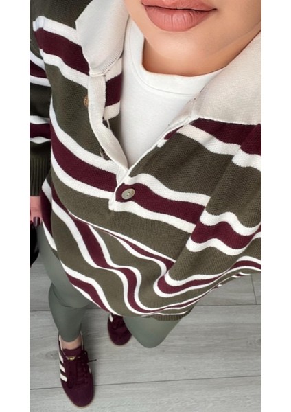 Haki Bordo Polo Yaka Çizgili Kazak fiyatları