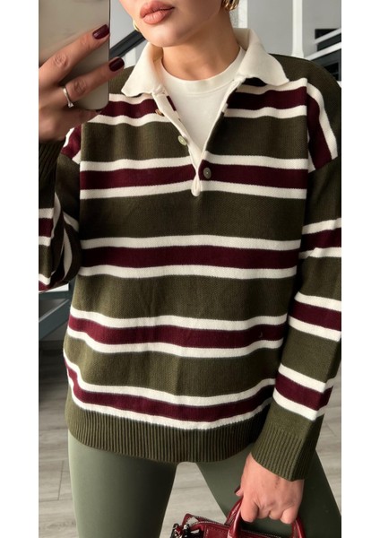 Haki Bordo Polo Yaka Çizgili Kazak modelleri