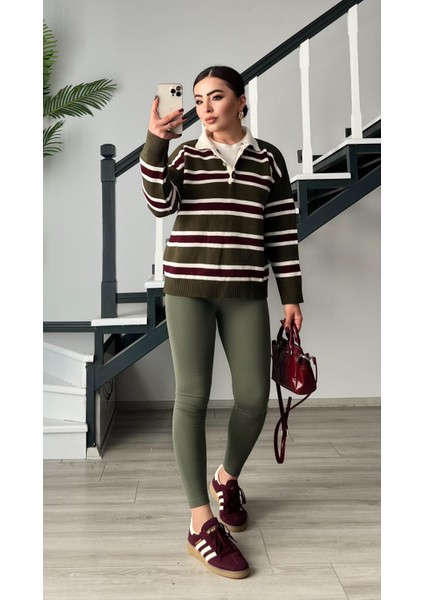 Haki Bordo Polo Yaka Çizgili Kazak fırsatları