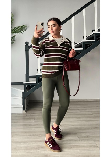 Haki Bordo Polo Yaka Çizgili Kazak indirimleri