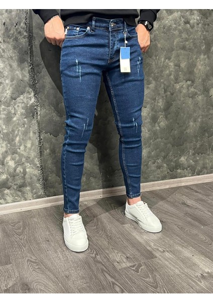 Atlanta Slim Fıt Straghit Koyu Mavi Denim Tırnak Detaylı Jean Erkek Pantolon