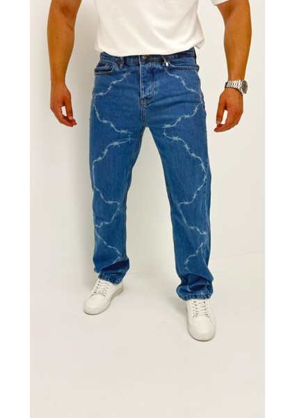 Chain Baggy Denim Orta Mavi Lazer Bakılı Erkek Jean Pantolon