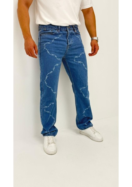 Chain Baggy Denim Orta Mavi Lazer Bakılı Erkek Jean Pantolon fiyatları
