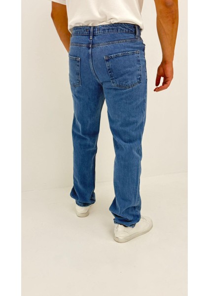 Chain Baggy Denim Orta Mavi Lazer Bakılı Erkek Jean Pantolon modelleri
