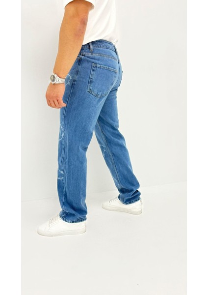 Chain Baggy Denim Orta Mavi Lazer Bakılı Erkek Jean Pantolon fırsatları